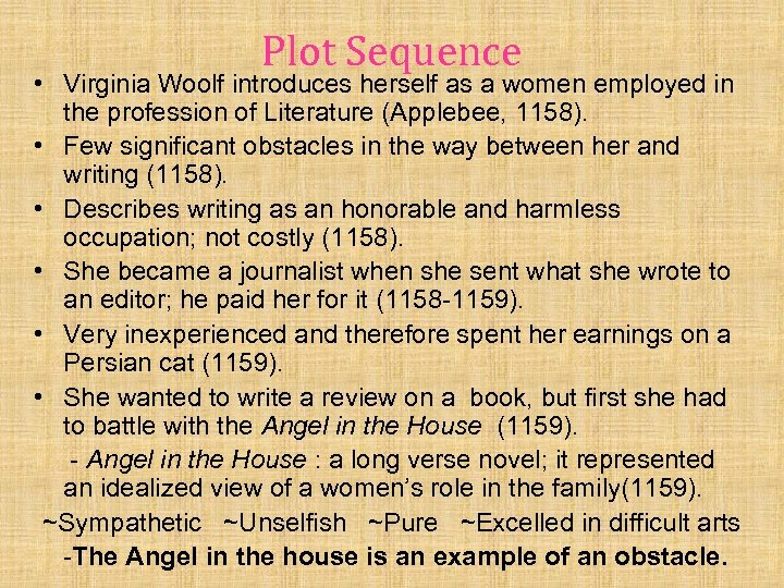 Plot Sequence • Virginia Woolf introduces herself as a women employed in the profession