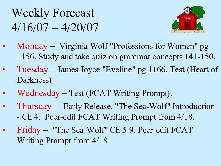 Weekly Forecast 4/16/07 – 4/20/07 • Monday – Virginia Wolf "Professions for Women" pg