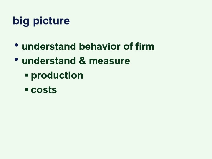big picture • understand behavior of firm • understand & measure § production §