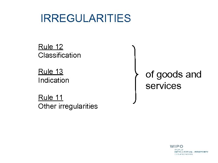 IRREGULARITIES Rule 12 Classification Rule 13 Indication Rule 11 Other irregularities of goods and