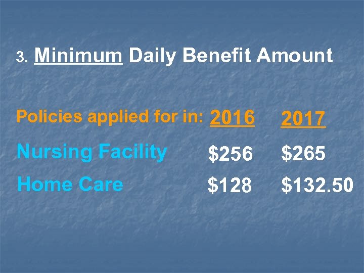3. Minimum Daily Benefit Amount Policies applied for in: 2016 2017 Nursing Facility $256