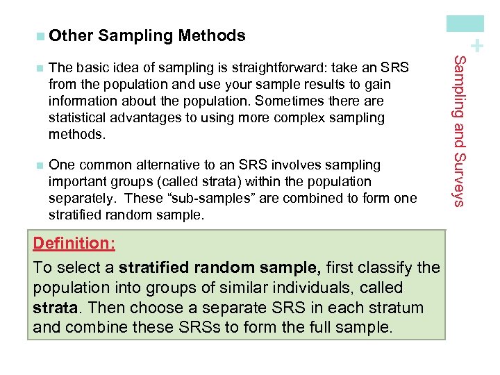 Sampling Methods The basic idea of sampling is straightforward: take an SRS from the