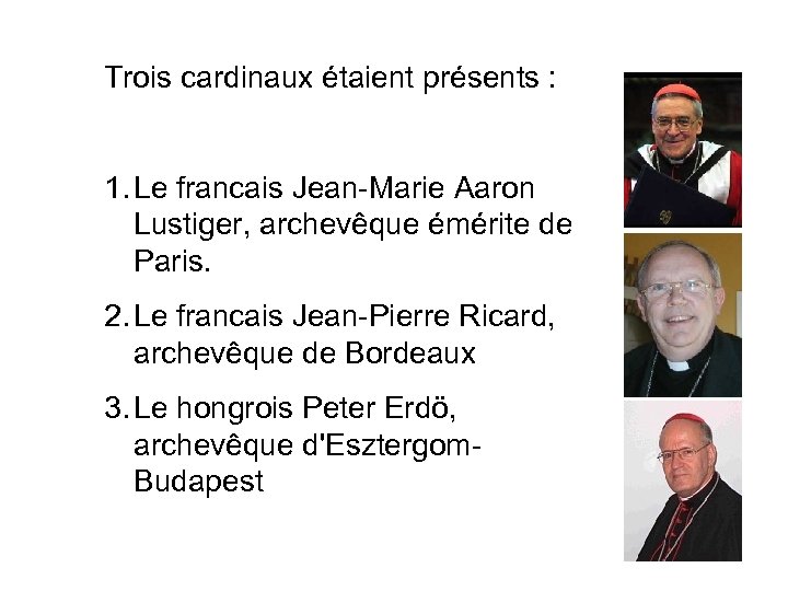 Trois cardinaux étaient présents : 1. Le francais Jean-Marie Aaron Lustiger, archevêque émérite de