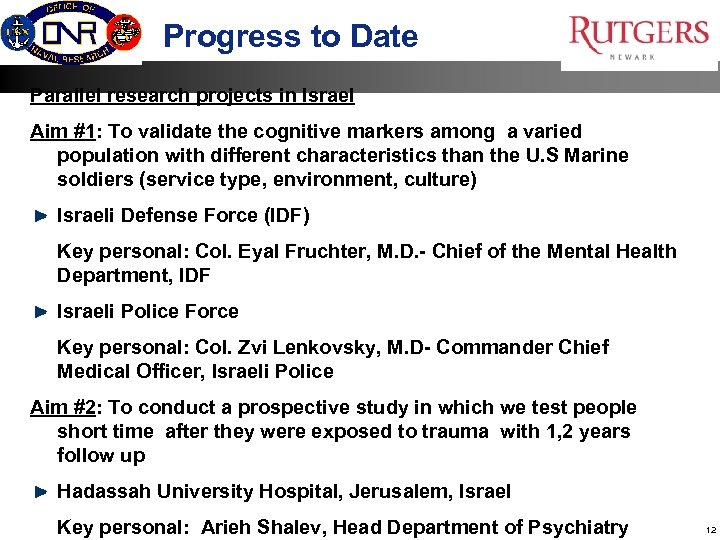 Progress to Date Parallel research projects in Israel Aim #1: To validate the cognitive