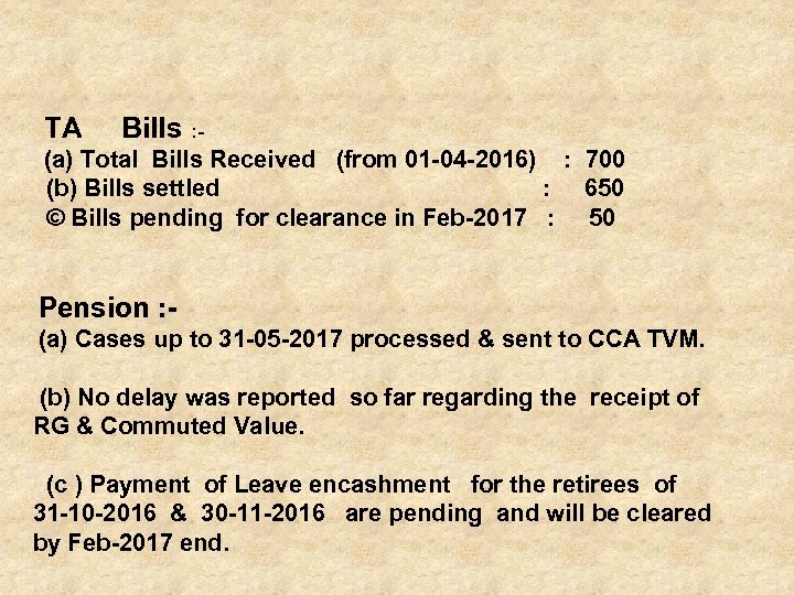  TA Bills : - (a) Total Bills Received (from 01 -04 -2016) :