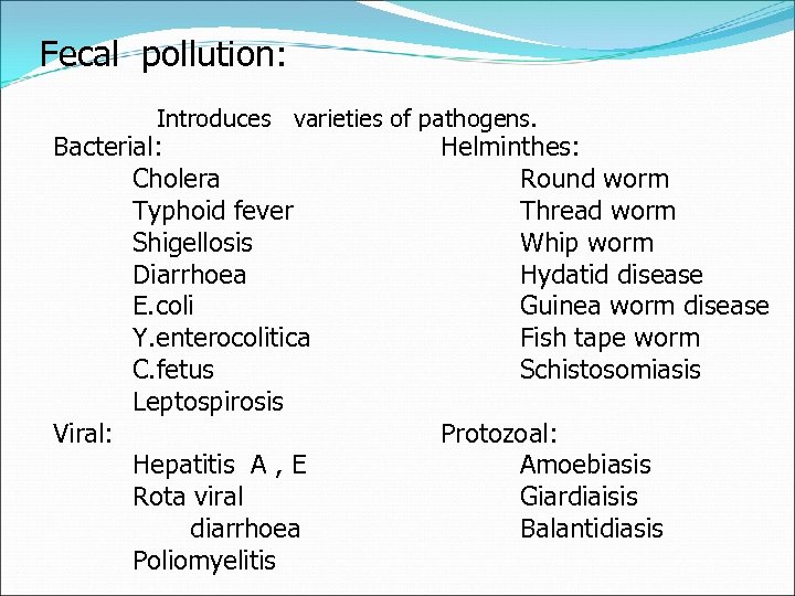 Fecal pollution: Introduces varieties of pathogens. Bacterial: Cholera Typhoid fever Shigellosis Diarrhoea E. coli