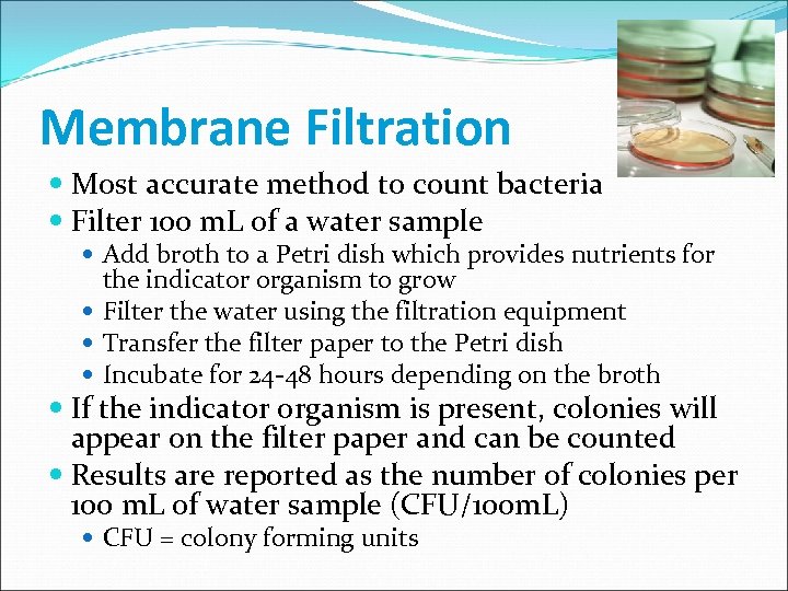 Membrane Filtration Most accurate method to count bacteria Filter 100 m. L of a