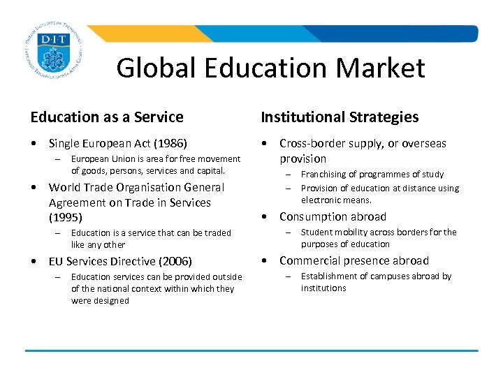 Global Education Market Education as a Service Institutional Strategies • Single European Act (1986)