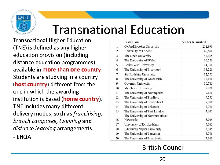 Transnational Education Transnational Higher Education (TNE) is defined as any higher education provision (including