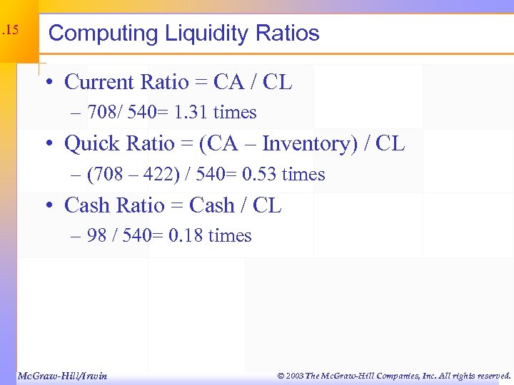 3. 15 Computing Liquidity Ratios • Current Ratio = CA / CL – 708/