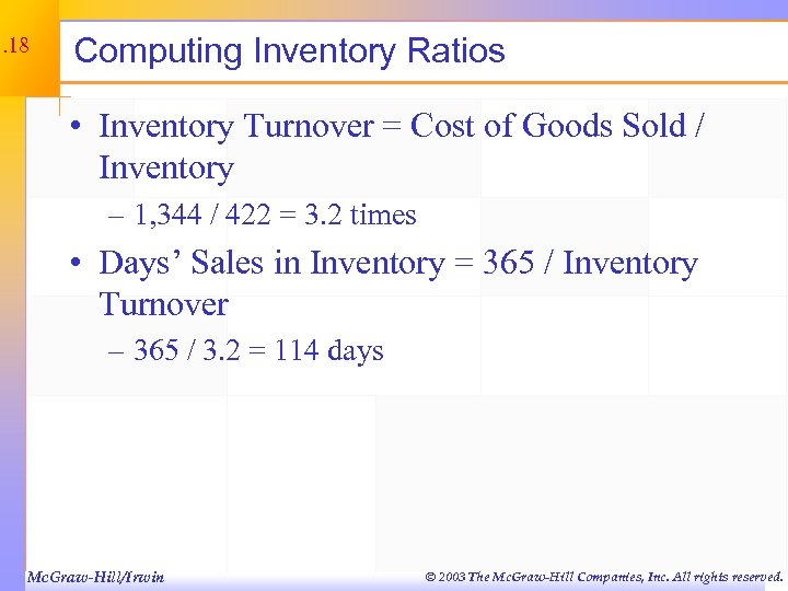 3. 18 Computing Inventory Ratios • Inventory Turnover = Cost of Goods Sold /