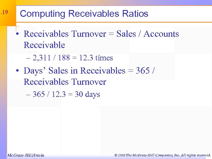 3. 19 Computing Receivables Ratios • Receivables Turnover = Sales / Accounts Receivable –