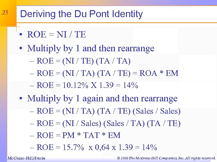 3. 23 Deriving the Du Pont Identity • ROE = NI / TE •