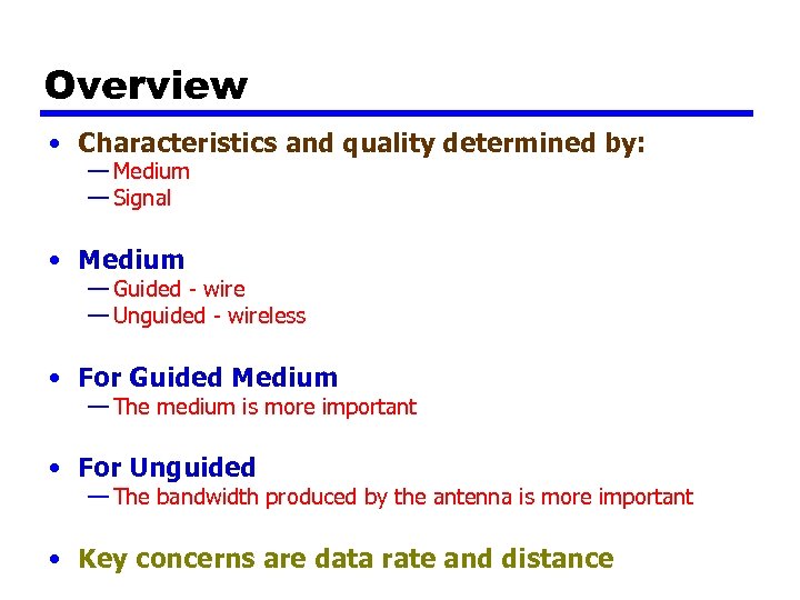 Overview • Characteristics and quality determined by: — Medium — Signal • Medium —