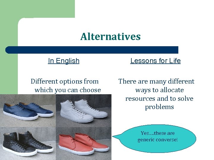 Alternatives In English Lessons for Life Different options from which you can choose There