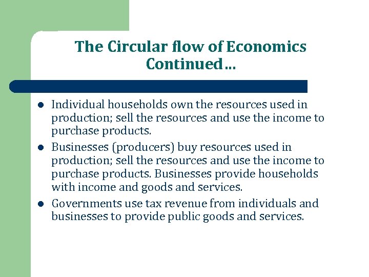 The Circular flow of Economics Continued… l l l Individual households own the resources