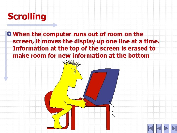 Scrolling When the computer runs out of room on the screen, it moves the