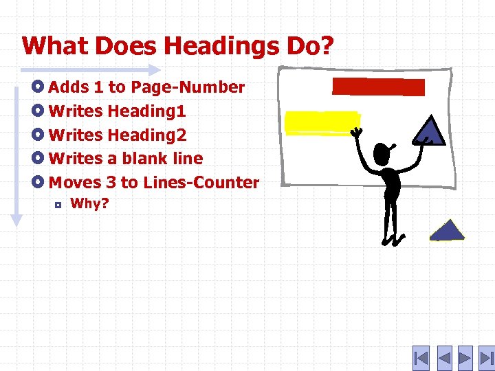 What Does Headings Do? Adds 1 to Page-Number Writes Heading 1 Writes Heading 2