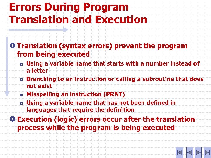 Errors During Program Translation and Execution Translation (syntax errors) prevent the program from being