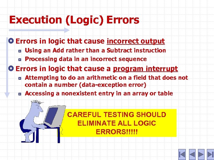 Execution (Logic) Errors in logic that cause incorrect output ¦ ¦ Using an Add