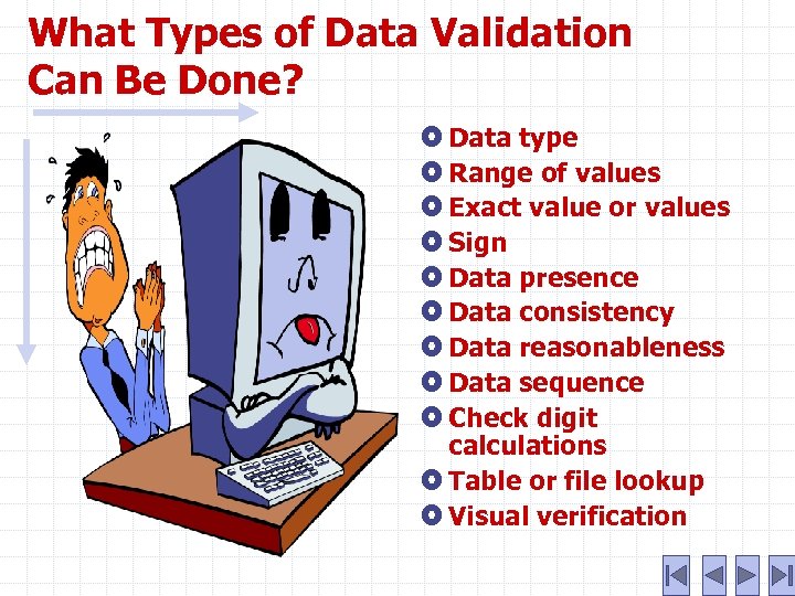 What Types of Data Validation Can Be Done? Data type Range of values Exact