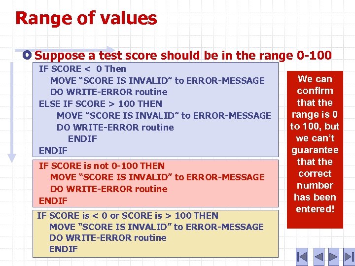 Range of values Suppose a test score should be in the range 0 -100