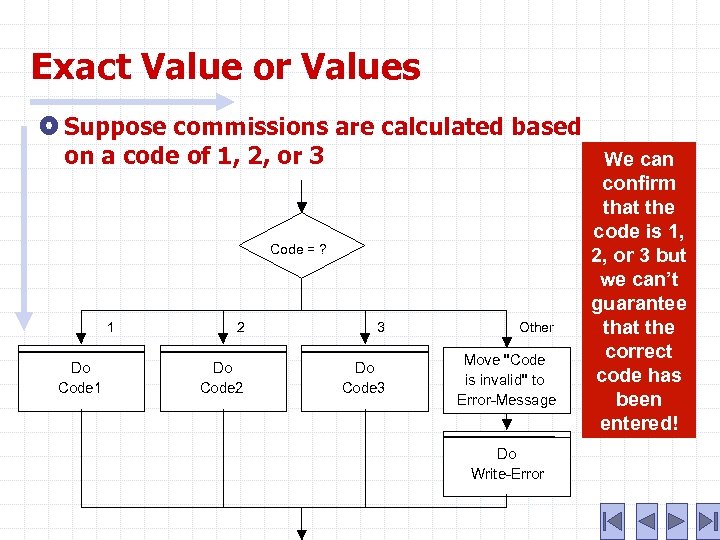 Exact Value or Values Suppose commissions are calculated based on a code of 1,