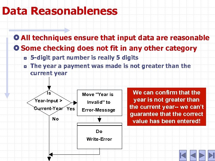 Data Reasonableness All techniques ensure that input data are reasonable Some checking does not