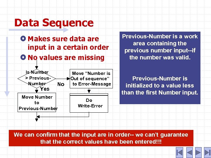 Data Sequence Makes sure data are input in a certain order No values are