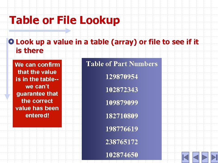 Table or File Lookup Look up a value in a table (array) or file