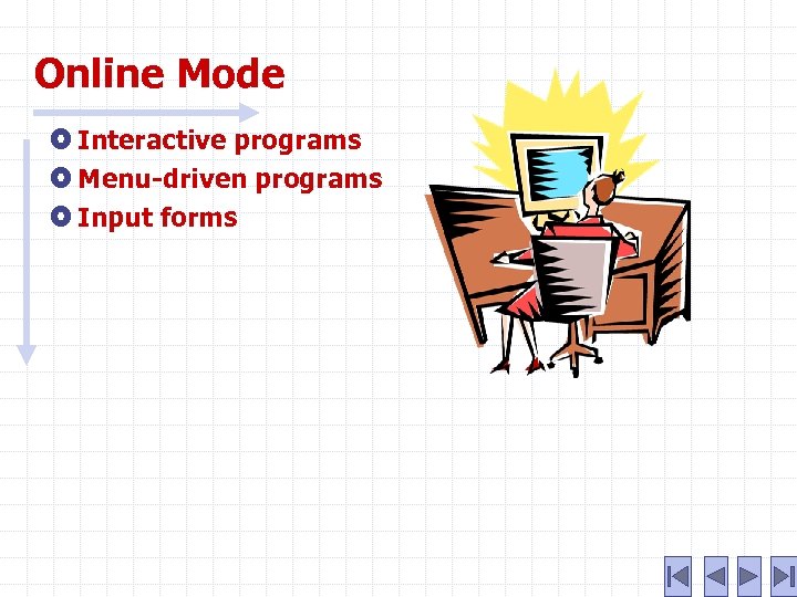 Online Mode Interactive programs Menu-driven programs Input forms 