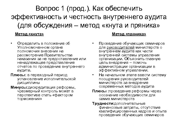 Вопрос 1 (прод. ). Как обеспечить эффективность и честность внутреннего аудита (для обсуждения –