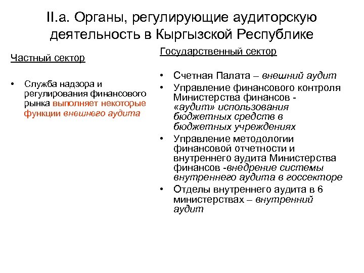 II. a. Органы, регулирующие аудиторскую деятельность в Кыргызской Республике Частный сектор • Служба надзора