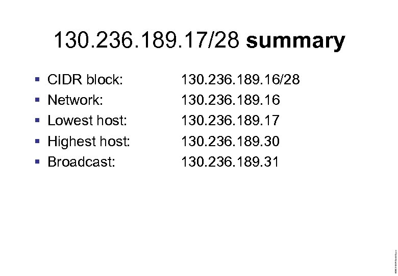 130. 236. 189. 17/28 summary CIDR block: Network: Lowest host: Highest host: Broadcast: 130.