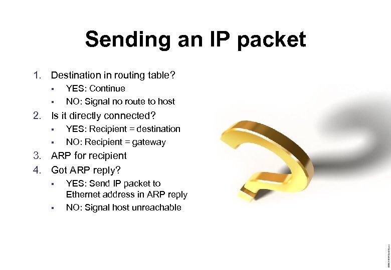 Sending an IP packet 1. Destination in routing table? § § YES: Continue NO: