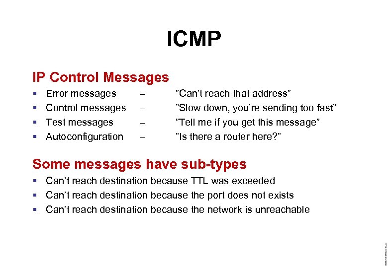ICMP IP Control Messages § § Error messages Control messages Test messages Autoconfiguration –