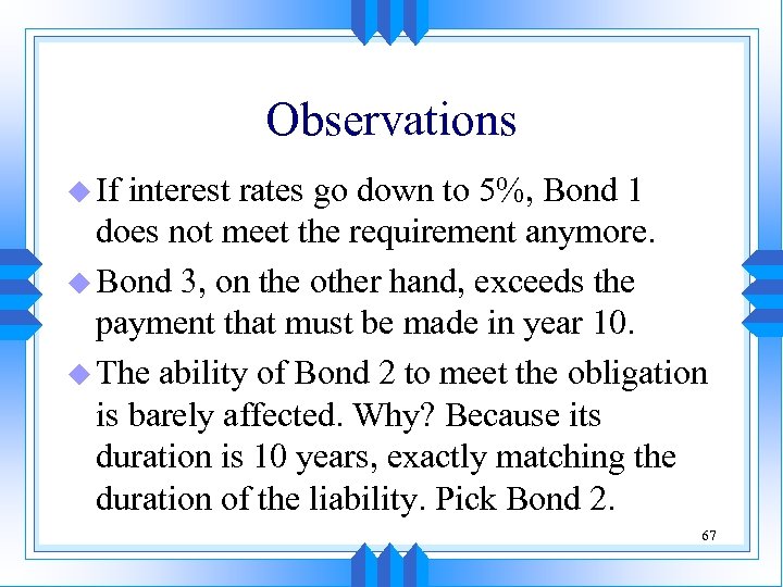 Observations u If interest rates go down to 5%, Bond 1 does not meet