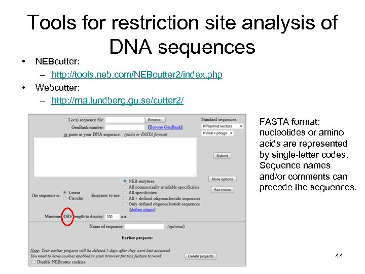  • • Tools for restriction site analysis of DNA sequences NEBcutter: – http: