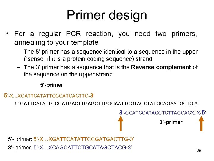 Primer design • For a regular PCR reaction, you need two primers, annealing to