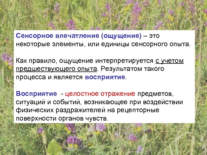 Сенсорное впечатление (ощущение) – это некоторые элементы, или единицы сенсорного опыта. Как правило, ощущение