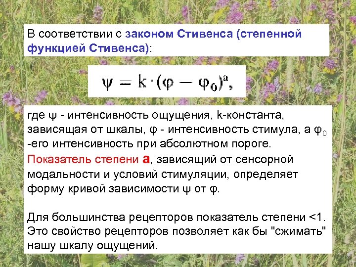 В соответствии с законом Стивенса (степенной функцией Стивенса): где ψ - интенсивность ощущения, k-константа,