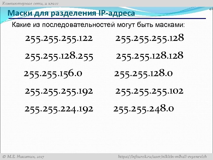 Компьютерные сети, 11 класс Маски для разделения IP-адреса Какие из последовательностей могут быть масками: