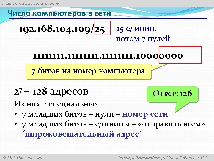 Компьютерные сети, 11 класс 41 Число компьютеров в сети 192. 168. 104. 109/25 25