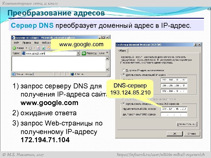 Компьютерные сети, 11 класс 49 Преобразование адресов Сервер DNS преобразует доменный адрес в IP-адрес.