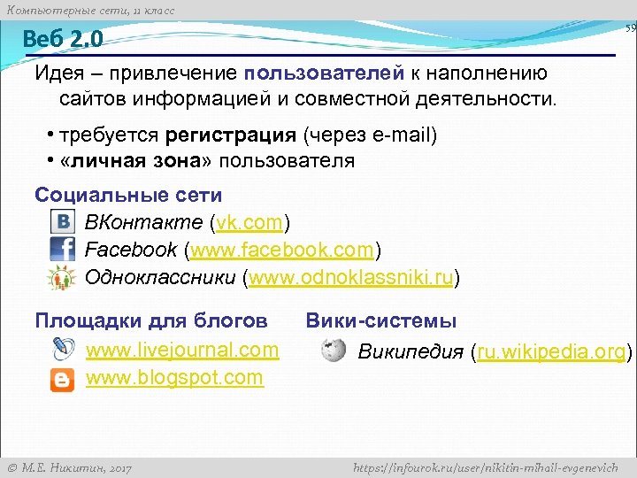 Компьютерные сети, 11 класс 59 Веб 2. 0 Идея – привлечение пользователей к наполнению
