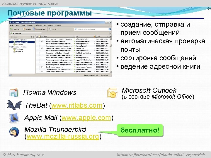Компьютерные сети, 11 класс 67 Почтовые программы • создание, отправка и прием сообщений •