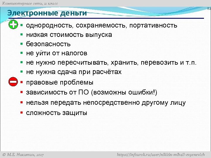 Компьютерные сети, 11 класс 82 Электронные деньги § § § § § однородность, сохраняемость,