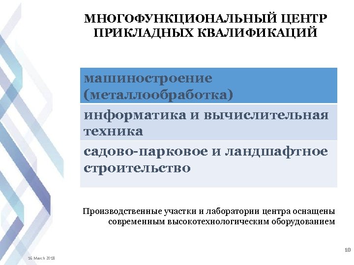 МНОГОФУНКЦИОНАЛЬНЫЙ ЦЕНТР ПРИКЛАДНЫХ КВАЛИФИКАЦИЙ машиностроение (металлообработка) информатика и вычислительная техника садово-парковое и ландшафтное строительство