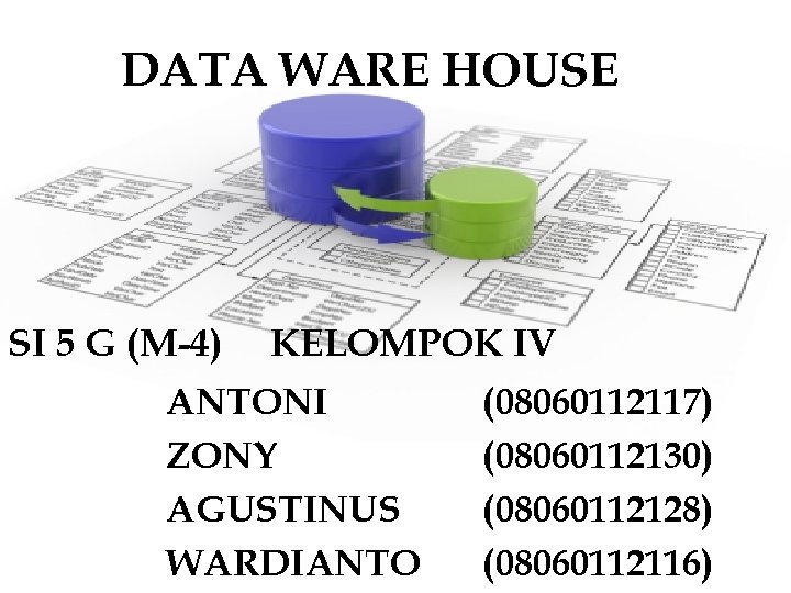 DATA WARE HOUSE SI 5 G (M-4) KELOMPOK IV ANTONI ZONY AGUSTINUS WARDIANTO (08060112117)
