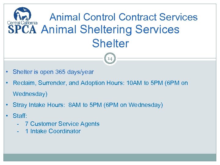 Animal Control Contract Services Animal Sheltering Services Shelter 14 • Shelter is open 365